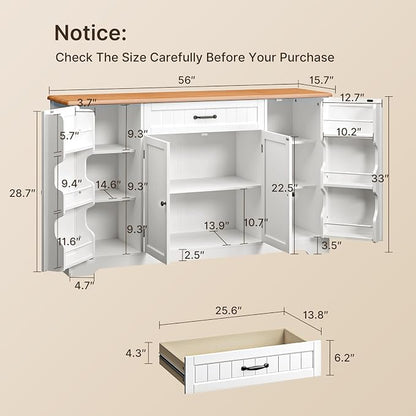 Gizoon 56" Kitchen Coffee Bar Cabinet with Storage Kitchen Sideboard Buffet Cabinet with Drawers, Short Pantry with Door and Shelves for Bathroom and Living Room, Painted White and Rustic