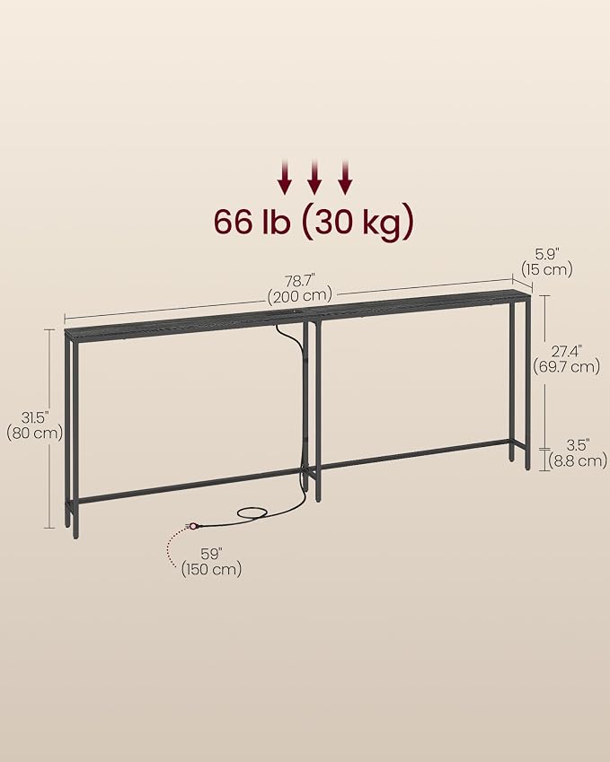 VASAGLE Narrow Console Table with Power Outlet, Behind Couch Sofa Tables, Easy Assembly, for Entryway, Living Room, 5.9 x 78.7 x 31.5 inches, Charcoal Gray and Ink Black, BARNET Collection ULNT077B201