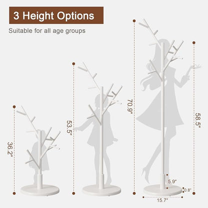 Muwuele Coat Rack, Solid Wood Coat Rack Freestanding with 12 Hooks, Coat tree freestanding 3 Adjustable Heights for coat, Hats, Handbags，Coat Stand for Entryway,Bedroom (White)