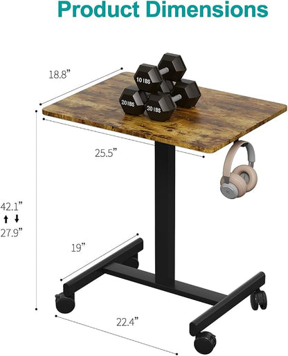 18.9*25.6 inch Mobile Standing Desk,T Shaped Pneumatic Adjustable Height Stand Up Desk,with Lockable Wheels,Ergonomic Standing Side Table for Home Office Work Computer Workstation BROWN+BLACK