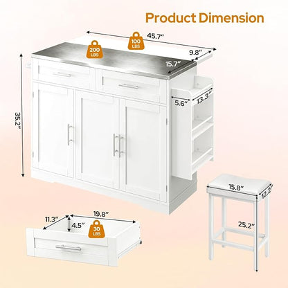 Concho 56'' Kitchen Island with Seating and Stainless Steel Countertop, Rolling Kitchen Carts on Wheels with Folding Drop Leaf, Bar Stool, Power Outlet, Spice/Towel Rack, White