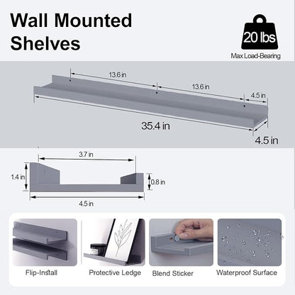 Floating Shelves for Wall Decor, Long Wall Mounted Storage Shelf for Bedroom, Living Room, Bathroom, Kitchen, Nursery, Modern Display Picture Ledge Shelf with Lip Set of 2-36 Inches, Grey