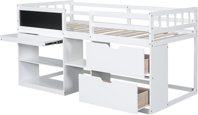 Bellemave Twin Size Low loft Bed for Kids,Wood Loft Beds,Modern Farmhouse Twin loft Bed,Loft Bed with Rolling Desk and Storage, Shelf and Drawers No Box Spring Needed,for Kids, White
