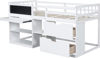Bellemave Twin Size Low loft Bed for Kids,Wood Loft Beds,Modern Farmhouse Twin loft Bed,Loft Bed with Rolling Desk and Storage, Shelf and Drawers No Box Spring Needed,for Kids, White
