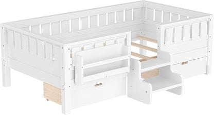 Bellemave Twin Size Kids Bed with high Rails and with Built-in Bookshelf and Drawers for Kids, Girls, Boys, Wood Montessori Bed Without Door, White