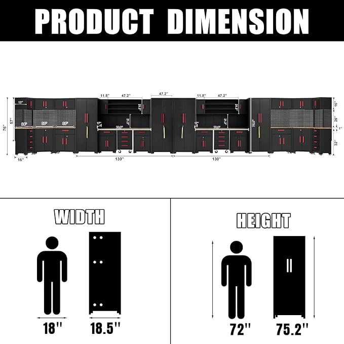 35PCS Garage Storage Cabinet System, Garage Cabinets and Storage System Corner Workshop Set with Corner Cabinet,Cabinet Drawers, Workbench, Pegboard for Tool Organization, Black Red