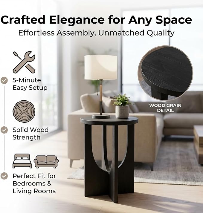 Stupa Solid Wood End Table – 22" Tall Round Side Table for Living Room or Bedroom, Handcrafted Accent Table in Distressed Black Finish, Easy Assembly, Modern Minimalist Design for Small Spaces