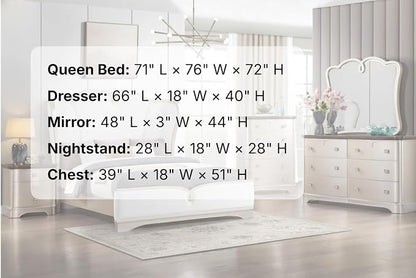 First of a Kind Rose Soft Champagne Finish Traditional 5 Piece Queen Bedroom Set with Upholstered Tufted Headboard Ornate European Style Coordinated Furniture Collection