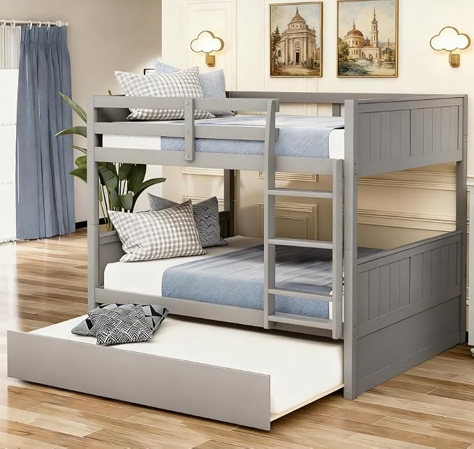 Bellemave Bunk beds Full Over Full with Twin Size Trundle, Low bunk Bed for Kids Adults and Teenagers，Gray