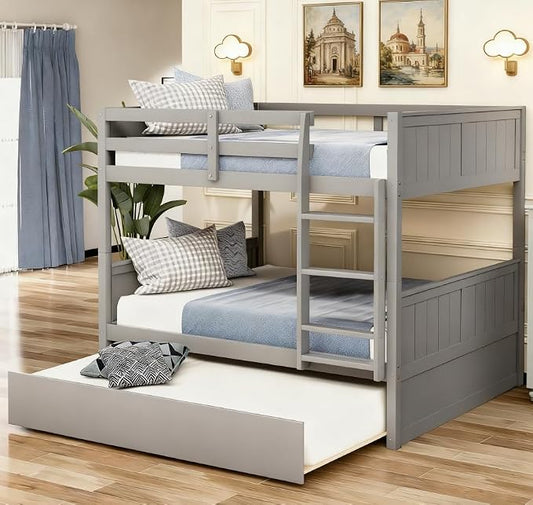 Bellemave Bunk beds Full Over Full with Twin Size Trundle, Low bunk Bed for Kids Adults and Teenagers，Gray