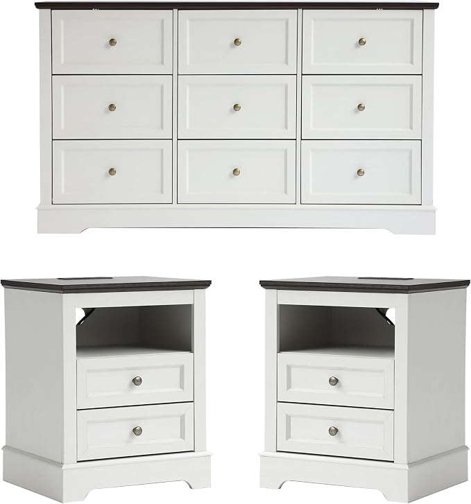KIGOTY Farmhouse Bedroom Set, 3 Pcs Dresser and Nightstand Sets, 9 Drawer Dresser & 2 Drawer Nightstand Set with Charging Station,Rustic Wood Bedroom Furniture Set for Home
