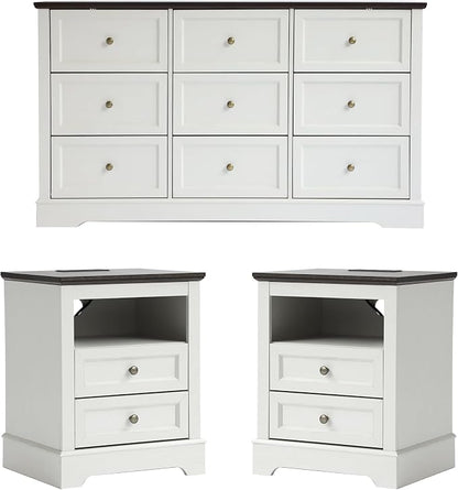 KIGOTY Farmhouse Bedroom Set, 3 Pcs Dresser and Nightstand Sets, 9 Drawer Dresser & 2 Drawer Nightstand Set with Charging Station,Rustic Wood Bedroom Furniture Set for Home