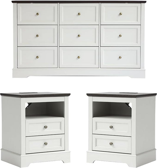KIGOTY Farmhouse Bedroom Set, 3 Pcs Dresser and Nightstand Sets, 9 Drawer Dresser & 2 Drawer Nightstand Set with Charging Station,Rustic Wood Bedroom Furniture Set for Home