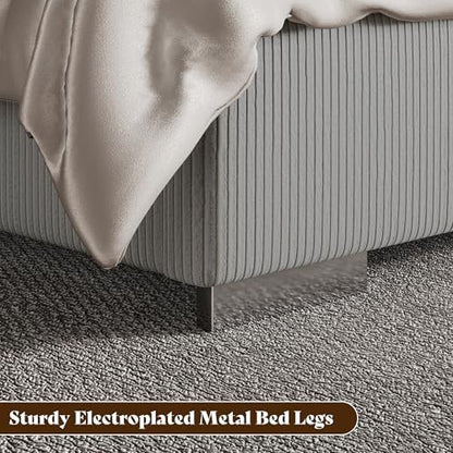 AMERLIFE King Bed Frame with Fireplace, Upholstered Headboard, Light Gray