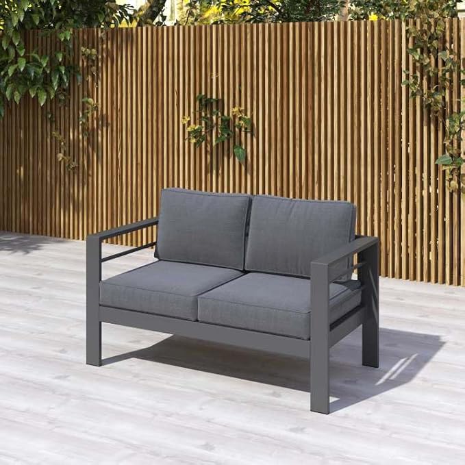Kiss the Water Loveseat Aluminum Outdoor Patio Sofa Set, All Weather Rust-Proof Metal Patio Couch, Modern Outdoor Furniture for Backyard Porch Garden, 5" Thick Waterproof Olefin Cushions, Light Grey