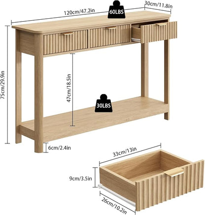 RUSTOWN Fluted Wood Console Table with 3 Drawers, Boho Narrow Behind Couch Entryway Table with Open Storage Shelf, Modern Sofa Table for Living Room, Foyer and Hallway (Natural Wood)