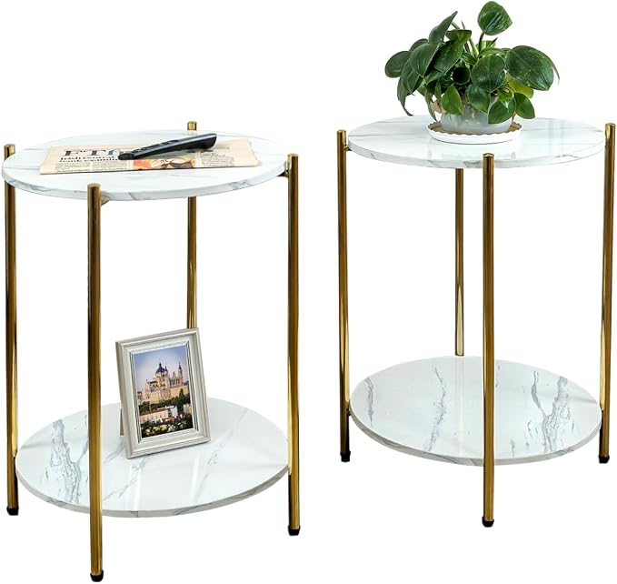 Set of 2 Small Round Side Tables, 2-Tier Faux Marble Gold End Tables | Modern Accent Furniture for Couch, Living Room or Bedroom, Space-Saving Nightstand Design