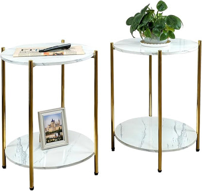 Set of 2 Small Round Side Tables, 2-Tier Faux Marble Gold End Tables | Modern Accent Furniture for Couch, Living Room or Bedroom, Space-Saving Nightstand Design