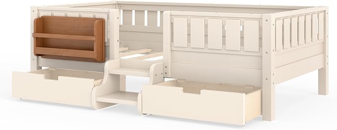 Bellemave Twin Size Kids Montessori Bed with Stairs and Bookshelf,Solid Wood Twin Size Kids Bed Frame with Drawers and Storage for Girls Boys,Low-Profile,Beige