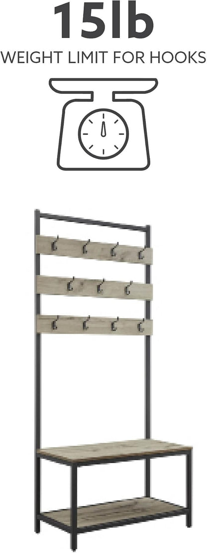 Linon Shaymus Grey Metal Hall Tree with Greywashed Wood Bench and Seat Featuring Multiple Hooks