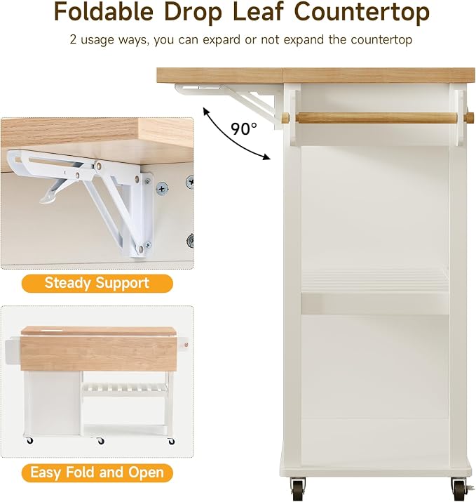 ONBRILL 56" Kitchen Island with Drop Leaf, Rolling Kitchen Cart with Trash Cabinet, Power Outlet, 2-Tier Open Shelves, 3 Drawers, Spice & Paper Towel Racks, 6 Wheels (4 Locking) for Dining Room, White