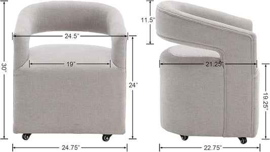 HNY 360° Swivel Chair with Wheels - Modern Linen Upholstered Fabric Barrel Dining Chair, Soft Rolling Kitchen Seating for Living Room, Makeup Vanity, Dining Room, Light Grey