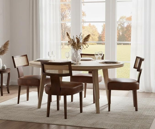 RIVOVA Mid Century Modern Dining Chairs Set of 4 Rattan Kitchen Chairs PU Leather Upholstered Side Chairs, Modern Kitchen Armless Solid Wood Dining Chairs, Brown