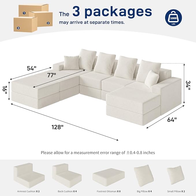 Living&Giving 128" U-Shaped Cloud Sectional Couch for Living Room, Cloud Boneless Couch-No Assembly with Reversible Chaise, Customizable 4-Seat Modular Sectional Sofa with 3 Ottoman, Beige