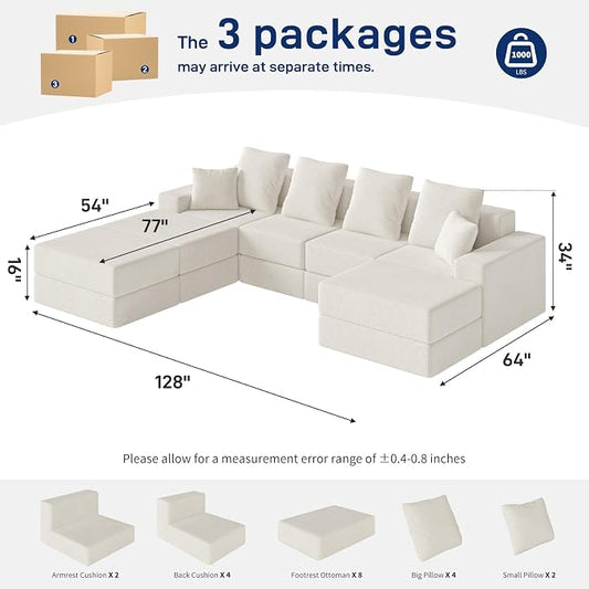 Living&Giving 128" U-Shaped Cloud Sectional Couch for Living Room, Cloud Boneless Couch-No Assembly with Reversible Chaise, Customizable 4-Seat Modular Sectional Sofa with 3 Ottoman, Beige