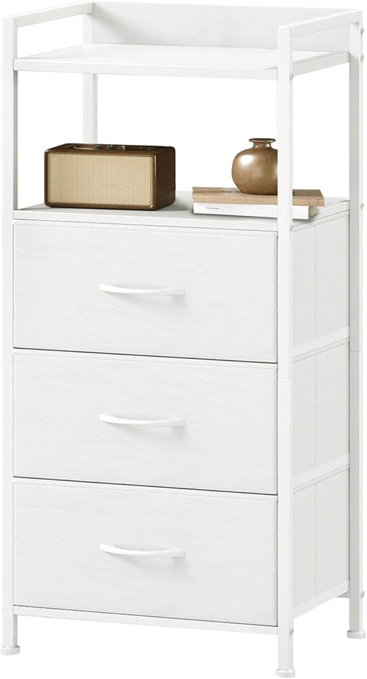Somdot Nightstand with 3 Drawers, Dresser with Fabric Bins for Bedroom, Hallway, Entryway, Night Stand Bedside Table Furniture, Sturdy Steel Frame, Wooden Top, Easy Pull Fabric Bins, White Leather