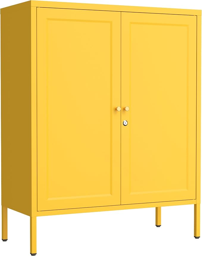 Lockable Metal Storage Cabinet Double Door Metal Cabinet Home Decor Cabinet with Adjustable Shelves Coffee Bar Cabinet Suitable for Living Room and Dining room Yellow : 13.8"D x 31.5"W x 36"H
