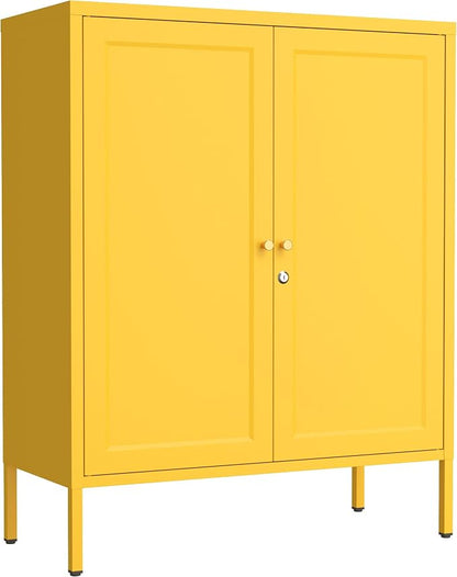 36" H Metal Storage Cabinet with Recessed Door & 2 Adjustable Shelves, Freestanding Metal Sideboard Organizer for Kitchen, Living Room, Entryway, Yellow