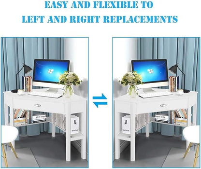 LDAILY White Corner Desk, Triangle Corner Computer Desk for Small Space, Compact Writing Desk with Storage Shelves & Drawer, Space Saving Small Makeup Vanity Desk for Bedroom, Home Office