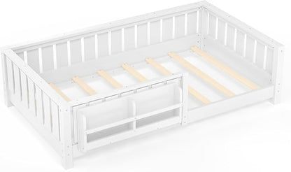 Bellemave Twin Floor Bed with high Rails and with Built-in Bookshelf for Kids, Girls, Boys, Wood Montessori Floor Bed Without Door, White