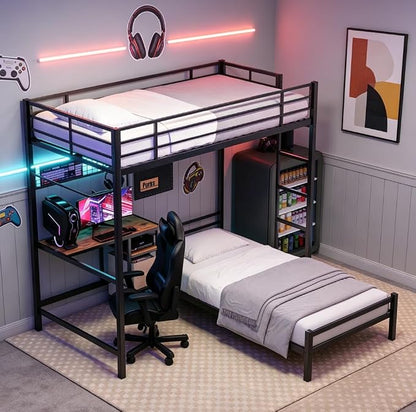Bellemave Twin Over Twin bunk Bed with Desk and LED Charging Station, loft Bed with Desk and Shelves, Metal Bunk Beds with Storage, Black