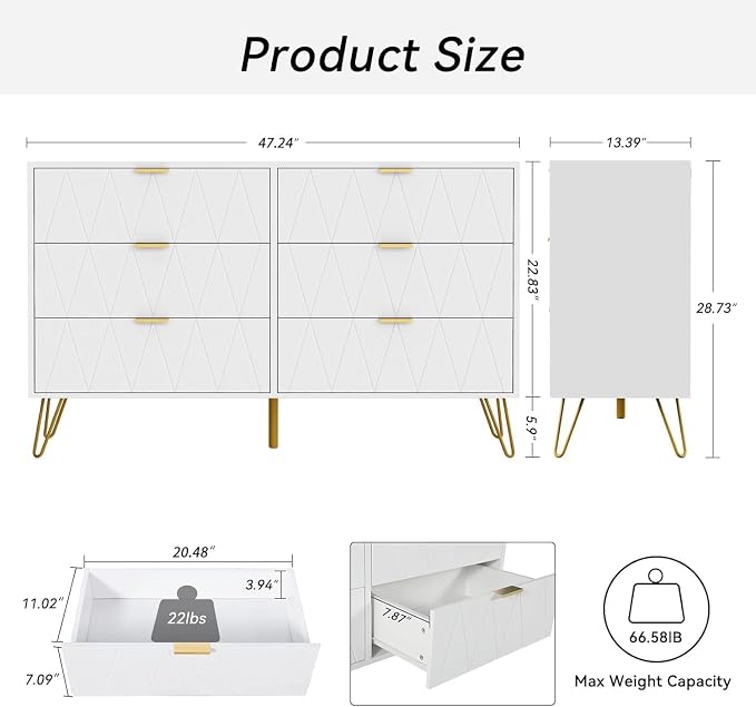 Anbuy Bedroom Sets White Sets 3 Piece, Night Stand Sets and 6 Drawer Dresser for Bedroom, Two Drawers Nightstand Set of 2 & 6 Drawer Dresser Combo 3 Pieces (White)