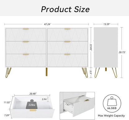 Anbuy Bedroom Sets White Sets 3 Piece, Night Stand Sets and 6 Drawer Dresser for Bedroom, Two Drawers Nightstand Set of 2 & 6 Drawer Dresser Combo 3 Pieces (White)