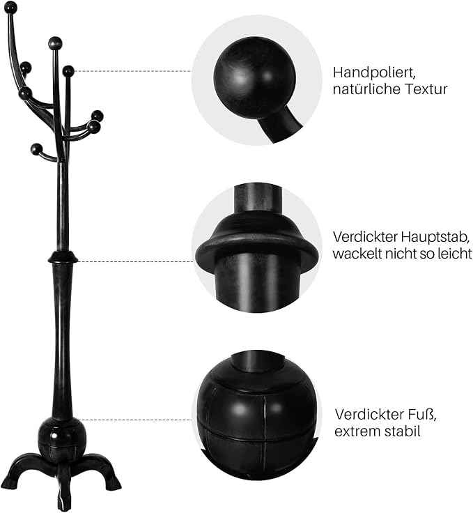 Bekrvio Black Freestanding Wood Coat Rack with 8 Hooks | Tree branch Design, Stable Sphere Base for Entryway, Hallway, Bedroom, Office, Apartment, Foyer; Hangs Coats, Hats, Bags