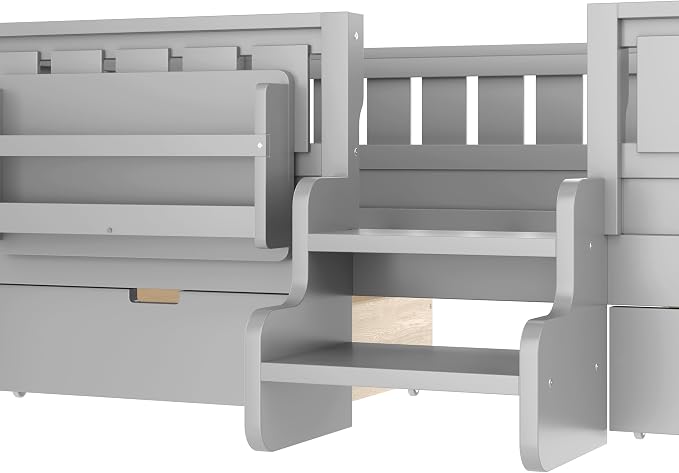 Bellemave Twin Size Kids Bed with high Rails and with Built-in Bookshelf and Drawers for Kids, Girls, Boys, Wood Montessori Bed Without Door, Gray