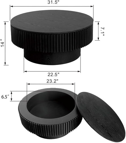 Round Coffee Table with Storage, Modern Wooden Coffee Table with Solid Wood Veneered, Circle Center Table Accent Tea Table for Living Room Apartment Small Space (31.5''L × 31.5''W × 14''H, Black)