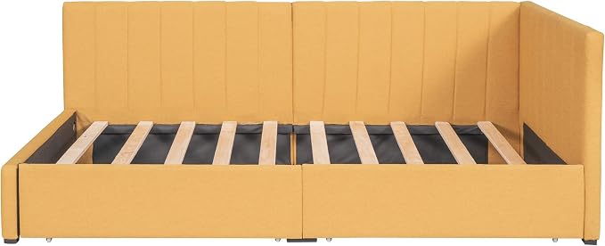 Merax Upholstered Daybed with 2 Storage Drawers, Twin Size Sofa Bed Frame, No Box Spring Needed, Linen Fabric, Yellow