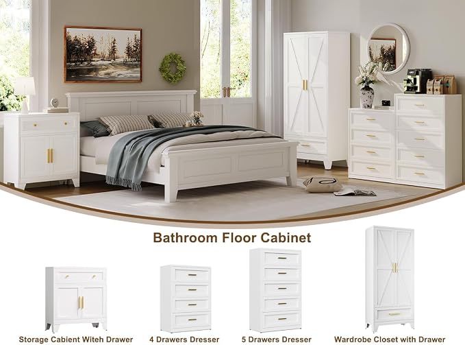 YAUWOH Farmhouse Wardrobe Cabinet with One Drawers,Metal Wardrobe Closet with Hanging Rod,Metal Armoire with Adjustable Shelves for Bedroom,Cloak Room,Office (White)