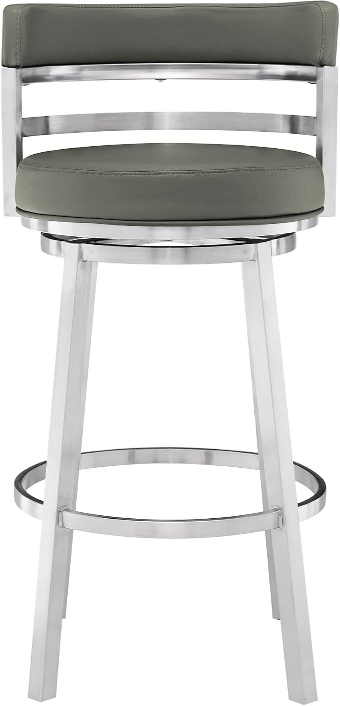 Armen Living Madrid 26" Counter Height Swivel Modern Gray Faux Leather and Brushed Stainless Steel Bar Stool for Kitchen Island Counter