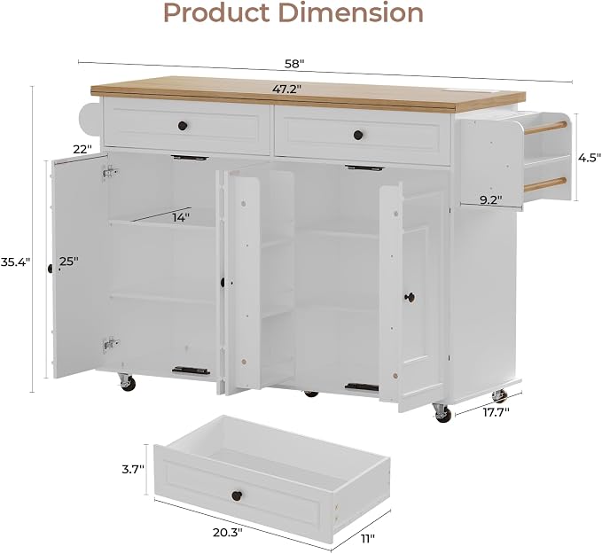 58 Inch Kitchen Island with Storage Cabinet, Island Table for Kitchen, Rolling Islands Cart with Power Outlet, Adjustable Shelves, Drawers, Spice and Towel & Knife Racks, White