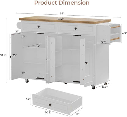 58 Inch Kitchen Island with Storage Cabinet, Island Table for Kitchen, Rolling Islands Cart with Power Outlet, Adjustable Shelves, Drawers, Spice and Towel & Knife Racks, White