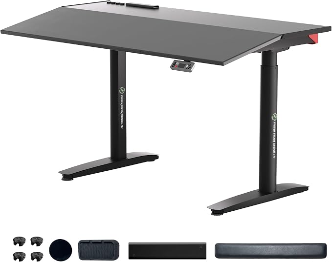 Electric Standing Desk 55” with 15° Tilting Desktop, Sit Stand Ergonomic Desk for Home Office & Gaming, 4 Motor Adjustable Desk, Memory Presets & Cable Management Black