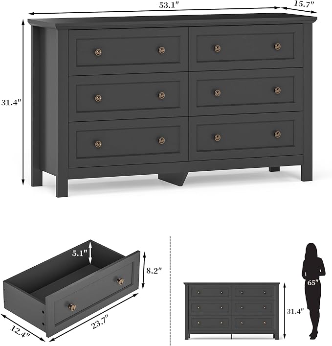 Farmhouse Dresser Nightstand Sets, 3-Piece Bedroom Furniture Set for Home | 6 Drawer Dresser Closet & 3 Drawer Nightstand Set of 2, Chest of Drawers for Bedroom, Living Room, Entryway, Black