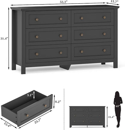 Farmhouse Dresser Nightstand Sets, 3-Piece Bedroom Furniture Set for Home | 6 Drawer Dresser Closet & 3 Drawer Nightstand Set of 2, Chest of Drawers for Bedroom, Living Room, Entryway, Black