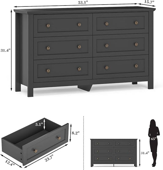 Farmhouse Dresser Nightstand Sets, 3-Piece Bedroom Furniture Set for Home | 6 Drawer Dresser Closet & 3 Drawer Nightstand Set of 2, Chest of Drawers for Bedroom, Living Room, Entryway, Black
