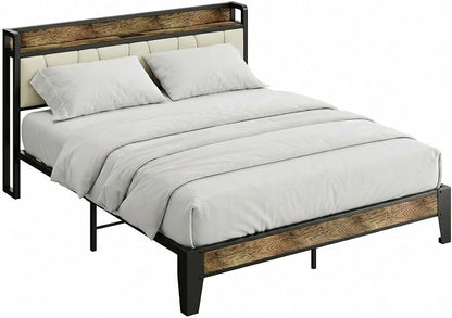 LIKIMIO Full Size Bed Frame with Storage Headboard & Charging Station | Upholstered Headboard, Storage Shelf, Solid and Stable, Noise Free, No Box Spring Needed, Easy Assembly (Walnut and Beige)